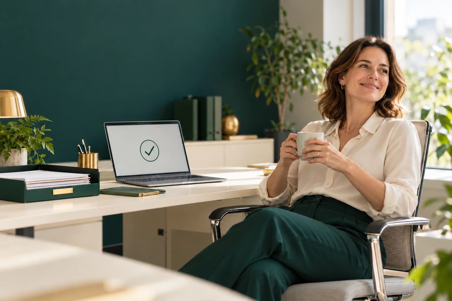 La fondatrice di Free Hand Office con un caffè in ufficio